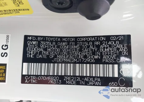 2021 Toyota Corolla Le из США, поврежденный, VIN JTDEPMAE2MJ172906